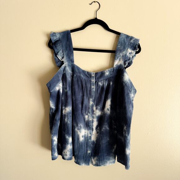 True Craft Blue + White Tie Dye Square Neck Ruffle Sleeve Tank Top - 1X - Picture 2 of 9